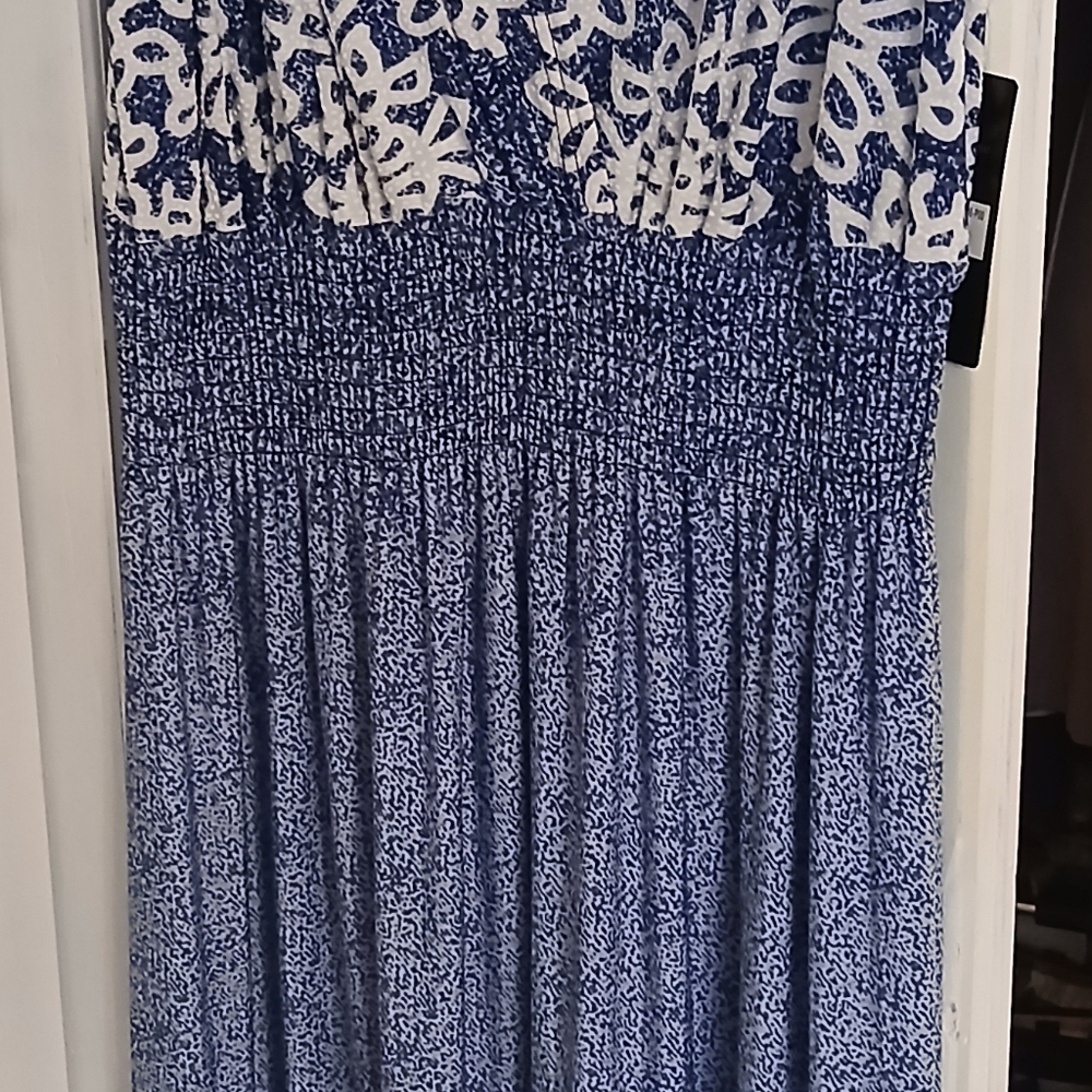 Blue and White Strapless Smocked Maxi Sundress